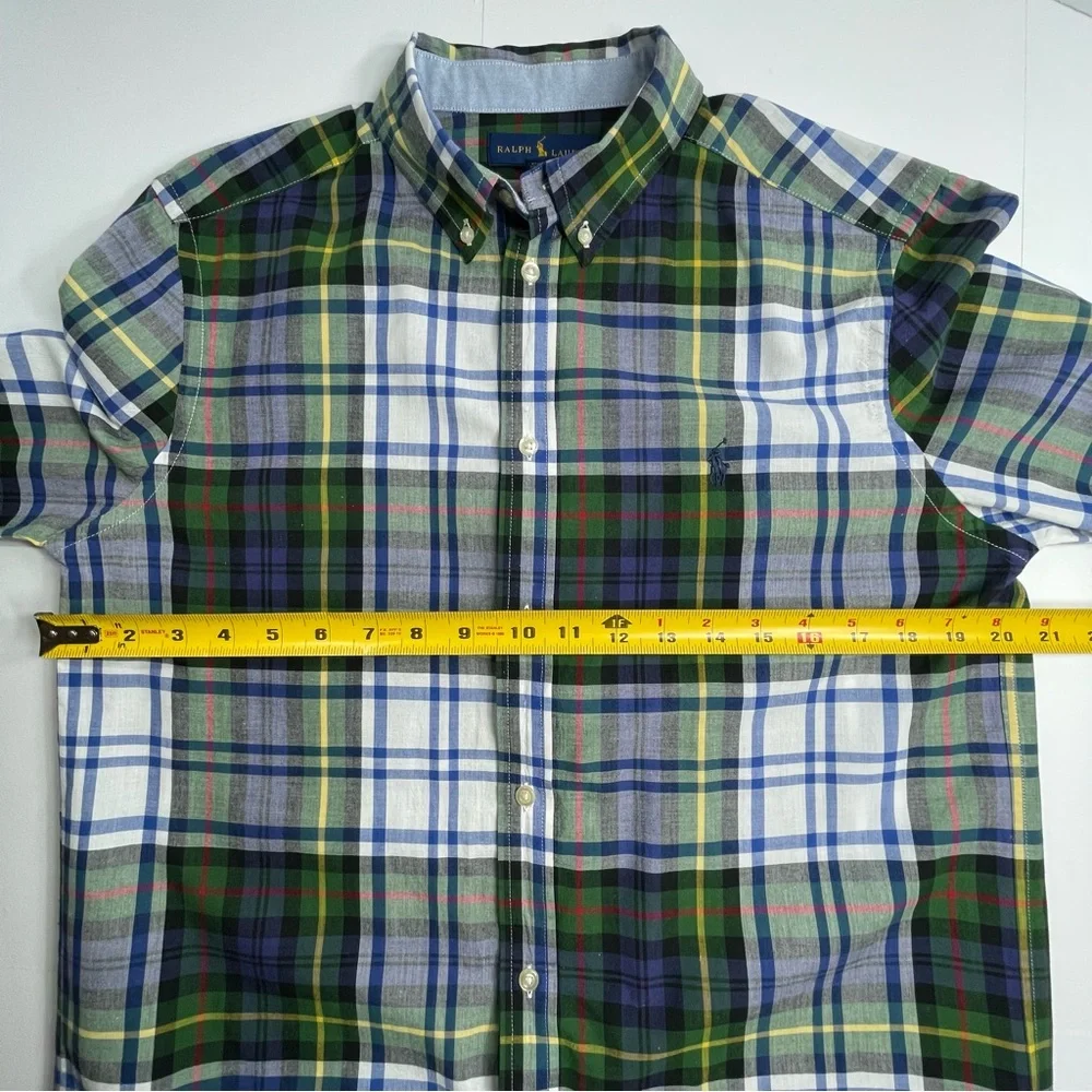 RALPH LAUREN Youth Boy's Blue Green Plaid Long Sleeve Button Down Shirt Size XL